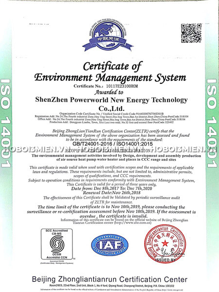 Chứng Chỉ Máy Cấp Nhiệt Hồ Bơi